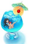  absurdres ass bad_id bad_pixiv_id barefoot black_hair blue_eyes blue_hawaii bolbbangbbang cherry cocktail cocktail_glass cocktail_umbrella commentary cup drink drinking_glass food fruit grey_panties highres ice ice_cube in_container in_cup legs lemon lemon_slice long_hair looking_at_viewer minigirl open_mouth original panties school_uniform serafuku solo submerged tropical_drink underwear very_long_hair 