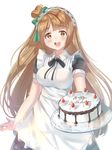  absurdres apron birthday_cake blush breasts brown_eyes brown_hair cake dress eyebrows_visible_through_hair food happy_birthday highres holding holding_plate holmemee large_breasts long_hair looking_at_viewer love_live! love_live!_school_idol_project maid maid_apron maid_headdress minami_kotori open_mouth pinafore_dress plate puffy_short_sleeves puffy_sleeves short_sleeves smile solo very_long_hair 