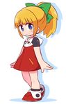  blonde_hair blue_eyes blush bow chibi closed_mouth eyebrows_visible_through_hair full_body green_bow hair_bow looking_at_viewer naga_u rockman rockman_11 roll short_hair short_ponytail smile solo 