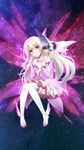 1girl black_legwear blonde_hair boots cape cross detached_sleeves dress eyebrows_visible_through_hair fate/kaleid_liner_prisma_illya fate_(series) feathers full_body gloves hair_between_eyes hair_feathers hair_ornament highres holding illyasviel_von_einzbern kaleidostick long_hair magical_girl magical_ruby magical_sapphire mana_wings pink_boots pink_dress pink_feather prisma_illya red_eyes solo staff thigh_boots thigh_strap thighhighs transparent_background white_gloves wings 