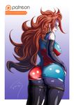  1girl airforcetuan android android_21 ass asymmetrical_clothes bare_shoulders blue_dress blue_eyes breasts brown_hair detached_sleeves dragon_ball dragon_ball_fighterz dress from_behind glasses huge_ass large_ass large_breasts long_hair multicolored_clothes multicolored_dress pantyhose red_dress shiny shiny_clothes shiny_hair shiny_skin short_dress sideboob skin_tight smile solo thick_thighs thighs very_long_hair wide_hips 