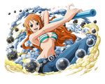  :d belt bikini_top blue_pants bodskih breasts brown_eyes cleavage clima-tact earrings floating_hair from_below green_bikini_top groin holding holding_staff jewelry log_pose long_hair looking_at_viewer medium_breasts midriff nami_(one_piece) navel one_piece open_mouth orange_hair pants shiny shiny_skin sideboob smile solo staff stomach striped_bikini_top transparent_background underboob very_long_hair 