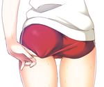  adjusting_buruma adjusting_clothes arm_behind_back ass ass_focus buruma close-up double_vertical_stripe fate/apocrypha fate/grand_order fate_(series) from_behind gym_shirt gym_uniform jeanne_d'arc_(fate) jeanne_d'arc_(fate)_(all) lower_body mori_marimo red_buruma shirt simple_background skin_tight solo standing sweater thighs white_background white_shirt 