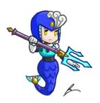  android blue_eyes borockman commentary crossover fire_emblem fire_emblem_heroes helmet lowres mermaid monster_girl polearm robot rockman rockman_(classic) rockman_9 splash_woman trident weapon 