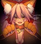  absurdres animal_ears bell bell_collar bingbing breasts cleavage collar collarbone dated fate/grand_order fate_(series) fox_ears hair_ribbon highres japanese_clothes large_breasts long_hair looking_at_viewer open_mouth paws pink_hair ribbon signature solo tamamo_(fate)_(all) tamamo_cat_(fate) yellow_eyes 
