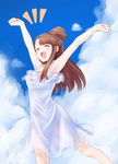  \o/ absurdres armpits arms_up brown_hair commentary_request day dress highres kagari_atsuko little_witch_academia long_hair orinpachu outstretched_arms ponytail see-through sky solo sundress white_dress 