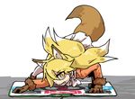  all_fours animal_ears blonde_hair brown_gloves clenched_teeth dance_dance_revolution dance_pad ezo_red_fox_(kemono_friends) fox_ears fox_tail fur_trim gloves kemono_friends long_hair looking_at_viewer orange_eyes pleated_skirt seki_(red_shine) shadow skirt solo tail teeth white_background yellow_eyes 