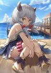  ankle_lace-up bangs blush breasts camieux cloud cow_horns cross-laced_footwear day draph dress eyebrows_visible_through_hair full_body granblue_fantasy green_eyes grey_hair hair_over_shoulder hand_on_own_knee heijialan horizon horns knees_together_feet_apart large_breasts long_hair looking_at_viewer low_twintails nervous no_socks ocean off_shoulder on_floor outdoors parted_lips pier red_scrunchie sandals scrunchie sitting sleeveless sleeveless_dress solo toes twintails wooden_floor 