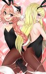  1other androgynous animal_ears argyle argyle_background astolfo_(fate) back bangs bare_shoulders black_leotard black_ribbon blonde_hair blue_eyes blush braid bunny_ears chevalier_d'eon_(fate/grand_order) choker collarbone commentary_request eyelashes fang fate/apocrypha fate/grand_order fate_(series) feathers hair_ribbon hand_up high_heels highres hips leg_up leotard long_hair looking_at_viewer looking_to_the_side multicolored_hair open_mouth otoko_no_ko pantyhose pink_background pink_eyes pink_hair ribbon sin_(kami148) smile streaked_hair swept_bangs thighs two-tone_hair v wrist_cuffs 