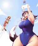  :&lt; animal_ears animal_print bell bell_collar black_hair blue_eyes breasts cat_ears cat_tail cloud collar day heterochromia highres jumping kat_(mazume) kotora_(mazume) large_breasts mazume multicolored_hair multiple_girls one-piece_swimsuit orange_eyes orange_hair original sky sun swimsuit tail tiger_ears tiger_print tiger_tail volleyball white_hair 
