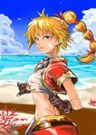  beach bird blonde_hair blue_eyes blue_sky breasts brown_gloves butt_crack chrono_cross closed_mouth cloud coral day facial_mark from_side gloves high_ponytail highres horizon jewelry kid_(chrono_cross) long_hair looking_at_viewer medium_breasts midriff multi-tied_hair necklace ocean outdoors pointing ponytail seagull short_sleeves skirt sky smile solo uno_(union) vest 