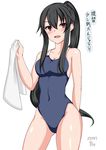  artist_name black_hair blue_swimsuit breasts brown_eyes cleavage competition_swimsuit cowboy_shot dated hair_tie kantai_collection long_hair looking_at_viewer medium_breasts one-piece_swimsuit ponytail sidelocks simple_background solo swimsuit translated white_background yahagi_(kantai_collection) z5987 