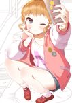  bad_id bad_pixiv_id black_eyes blush brown_hair cellphone closed_mouth collarbone eyebrows_visible_through_hair furururu holding holding_cellphone holding_phone looking_at_viewer nail_polish one_eye_closed original phone red_nails short_hair smartphone smile solo wavy_hair 