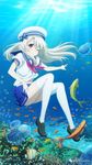  1girl blonde_hair bubbles corals fate/kaleid_liner_prisma_illya fate_(series) fishes hat illyasviel_von_einzbern loli long_hair long_socks navel ocean official_art red_eyes small_breasts smile solo uniform white_skin 
