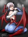  :d animal_print ass bare_shoulders bat_print bat_wings blue_legwear bridal_gauntlets commentary_request demon_girl finger_to_mouth flat_chest fur_trim head_wings highres leotard lilith_aensland looking_at_viewer low_wings naughty_face open_mouth pantyhose print_legwear purple_hair red_eyes red_leotard shibusun short_hair smile solo succubus tongue tongue_out vampire_(game) wings 