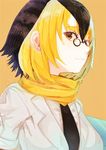  ancolatte_(onikuanco) black_hair black_neckwear blonde_hair brown_eyes campo_flicker_(kemono_friends) closed_mouth glasses highres kemono_friends looking_at_viewer multicolored_hair necktie short_hair solo upper_body white_hair 