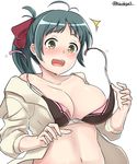  1girl absurdres ahoge areola_slip areolae bangs bikini blush breasts cleavage collarbone green_eyes hair_ribbon highres irako_(kantai_collection) jacket kantai_collection kiritto large_breasts long_hair open_mouth ribbon simple_background solo sweat sweatdrop swimsuit twitter_username untied untied_bikini wardrobe_malfunction white_background 