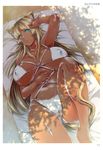  absurdres animal_ears aqua_eyes artist_name bangs bare_legs bare_shoulders blonde_hair breasts cameltoe cat_ears cat_tail collarbone covered_nipples dark_skin erect_sawaru eyebrows_visible_through_hair highres large_breasts long_hair looking_at_viewer lying navel on_back parted_lips scan solo swimsuit tail toranoana 