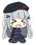  &gt;_&lt; beret chibi crying d: dx full_body girls_frontline grey_hair hair_ornament hat hk416_(girls_frontline) long_hair lowres open_mouth pelican_(s030) simple_background sitting solo tears unhappy wariza white_background 