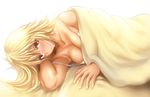  blonde_hair blush breasts cleavage collarbone dark_skin large_breasts long_hair looking_at_viewer lying mole mole_under_eye okumori_boy on_side original red_eyes solo 