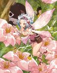  1girl barefoot blue_hair blush breasts cat cleavage collarbone detached_sleeves fairy fairy_tail fairy_wings flower gajeel_redfox hetero highres jewelry levy_mcgarden medium_breasts miniboy minigirl necklace peeking_out rusky wings yellow_eyes 