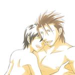  2boys age_difference alvin_(tales) bara bare_arms bare_shoulders black_hair brown_hair couple gay holding_close hug human jude_mathis kayu_(ichigogayu) leaning_back leaning_forward looking_at_another male_focus multiple_boys muscle nipples nude open_mouth smile tales_of_(series) tales_of_xillia tales_of_xillia_2 wink yaoi yellow_eyes 