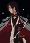  79357_(lyhlyhlyh) androgynous black_hair blue_eyes braid bug butterfly earrings fingerless_gloves gloves haori hilt insect izumi-no-kami_kanesada japanese_clothes jewelry katana long_hair male_focus profile reverse_grip solo sword touken_ranbu very_long_hair weapon wide_sleeves 