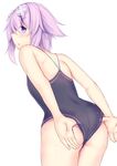  ass back bare_shoulders d-pad d-pad_hair_ornament daiaru hair_ornament hairclip lifted_by_self looking_at_viewer looking_back neptune_(choujigen_game_neptune) neptune_(series) one-piece_swimsuit open_mouth purple_eyes purple_hair short_hair shoulder_strap solo swimsuit 