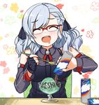  ^_^ ^o^ black_gloves blush can closed_eyes cup detached_sleeves drooling eyebrows_visible_through_hair facing_viewer fingerless_gloves floral_background girls_frontline glasses gloves grey_hair hair_ribbon happy holding ice neck_ribbon open_mouth over-rim_eyewear pelican_(s030) red-framed_eyewear ribbon round_teeth semi-rimless_eyewear short_hair smile solo spas-12_(girls_frontline) spoon table teeth upper_body 