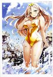  absurdres artist_name bare_shoulders blonde_hair blush covered_navel day earrings gold_swimsuit green_eyes highres jewelry long_hair looking_at_viewer necklace nylon one-piece_swimsuit open_mouth outdoors scan sky solo standing swimsuit toranoana wading water yellow_swimsuit 