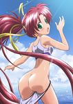  1girl aoi_sora_no_neosphere aoi_umi_no_tristia ass bikini bikini_pull cloud green_eyes highres nanoca_flanka ponytail pussy red_hair solo swimsuit tagme wardrobe_malfunction 