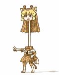  :d animal_ears black_eyes black_neckwear blonde_hair blush_stickers giraffe_ears giraffe_horns giraffe_print giraffe_tail hand_on_hip kemono_friends long_hair long_neck multicolored multicolored_clothes multicolored_legwear necktie open_mouth pointing reticulated_giraffe_(kemono_friends) seki_(red_shine) simple_background smile solo v-shaped_eyebrows white_background 