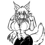  alternate_breast_size animal_ears breasts cleavage fate/extra fate_(series) fox_ears fox_tail glasses greyscale huge_breasts impossible_clothes impossible_shirt invader long_ponytail looking_at_viewer monochrome ponytail shirt skirt tail tamamo_(fate)_(all) tamamo_no_mae_(fate) 