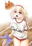  bangs blonde_hair blue_eyes blush bouncing_breasts braid bread_eating_race breasts buruma commentary_request dated eyebrows_visible_through_hair fate/apocrypha fate/grand_order fate_(series) fou_(fate/grand_order) gym_shirt gym_uniform hair_between_eyes hair_ribbon hairband jeanne_d'arc_(fate) jeanne_d'arc_(fate)_(all) large_breasts long_hair looking_at_viewer mori_marimo name_tag open_mouth purple_ribbon red_buruma ribbon shirt short_sleeves sidelocks signature single_braid solo t-shirt track translated twitter_username very_long_hair white_shirt 