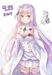  absurdres blush breasts cleavage closed_mouth dated emilia_(re:zero) eyebrows_visible_through_hair highres holmemee large_breasts long_hair looking_at_viewer puck_(re:zero) purple_eyes re:zero_kara_hajimeru_isekai_seikatsu smile solo thighhighs very_long_hair white_hair white_legwear 