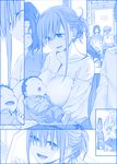  2girls baby bangs blue blush_stickers breast_grab breast_press breasts carrying commentary faceless faceless_male getsuyoubi_no_tawawa grabbing himura_kiseki holding large_breasts maegami-chan_(tawawa) monochrome motherly multiple_girls no_eyes smile stroller train_interior waving 