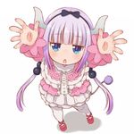  :o arms_up bangs beads blunt_bangs blush capelet carry_me commentary dragon_girl dragon_horns dragon_tail dress eyebrows_visible_through_hair frilled_dress frills full_body hair_beads hair_ornament hairband half-closed_eyes hondarai horns incoming_hug kanna_kamui kobayashi-san_chi_no_maidragon lavender_hair long_sleeves looking_at_viewer open_mouth outstretched_arms reaching_out simple_background solo tail thighhighs white_background white_legwear 