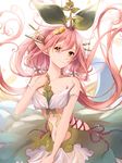  bare_shoulders brown_eyes closed_mouth collarbone commentary eyebrows_visible_through_hair floating_hair flower granblue_fantasy hair_flower hair_ornament head_tilt highres long_hair long_pointy_ears looking_at_viewer navel pink_hair plant_girl plant_on_head pointy_ears resuta smile solo twintails very_long_hair white_background yggdrasil_(granblue_fantasy) 