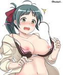  1girl absurdres ahoge areolae bangs bikini blush breasts check_commentary cleavage collarbone commentary_request green_eyes hair_ribbon highres irako_(kantai_collection) jacket kantai_collection kiritto large_breasts long_hair nipples open_mouth ribbon simple_background solo sweat sweatdrop swimsuit twitter_username untied untied_bikini wardrobe_malfunction 