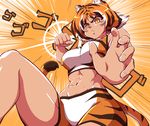  :&lt; abs animal_ears animal_print clenched_hand closed_mouth kotora_(mazume) mazume multicolored_hair navel orange_background orange_eyes orange_hair original swimsuit tail tiger_ears tiger_print tiger_tail v-shaped_eyebrows white_hair 