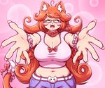  :3 animal_ears belt blush_stickers breasts cat_ears cat_tail cleavage closed_eyes curly_hair denim fangs fingernails glasses imminent_hug jeans large_breasts long_hair mazume natalie_(mazume) navel neck_ribbon open_mouth orange_hair original pants pink_background ribbon semi-rimless_eyewear smile tail 