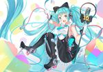  absurdly_long_hair absurdres black_legwear blue_eyes blue_hair blush breasts eyebrows_visible_through_hair full_body gloves hatsune_miku highres holding holding_microphone holmemee large_breasts long_hair looking_at_viewer magical_mirai_(vocaloid) microphone open_mouth platform_boots smile solo thighhighs twintails very_long_hair vocaloid white_gloves 