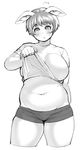  :o animal_ears arm_behind_back bad_id bad_tumblr_id bangs belly blush breasts cowboy_shot cropped_legs elf-san_wa_yaserarenai. embarrassed eyebrows_visible_through_hair flying_sweatdrops greyscale hand_up large_breasts lifted_by_self looking_at_viewer monochrome navel oku_(elf-san_wa_yaserarenai) orc parted_lips pig_ears plump shirt shirt_lift short_hair short_shorts short_sleeves shorts simple_background solo standing surprised synecdoche t-shirt thick_thighs thighs white_background 