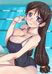  aokihoshi bare_shoulders black_swimsuit breasts brown_hair cleavage collarbone covered_navel glasses highres large_breasts long_hair looking_at_viewer one-piece_swimsuit original parted_lips pool purple_eyes purple_swimsuit school_swimsuit solo swimsuit thighs 