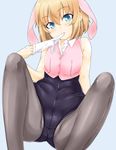  animal_ears arm_support bad_id bad_pixiv_id bangs black_legwear black_leotard blonde_hair blue_eyes bunny_ears bunnysuit closed_mouth collared_shirt commentary_request covered_navel eyebrows_visible_through_hair girls_und_panzer gloves grey_background groin highres itou_ayachi katyusha leaning_back leotard looking_at_viewer mouth_hold pantyhose pink_vest shirt short_hair sitting solo sweat vest white_gloves white_shirt 