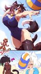  animal_band_legwear animal_ears beach black_hair black_legwear blue_eyes blush breasts cat_band_legwear cat_ears cat_tail cleavage dark_skin day heterochromia highres in_the_face kat_(mazume) kit_(mazume) kotora_(mazume) large_breasts leola leopard_ears leopard_tail mazume meme_attire multiple_girls one-piece_swimsuit open_mouth orange_eyes orange_hair original saliva sand swimsuit tail tiger_ears tiger_tail unaligned_breasts volleyball volleyball_net white_hair 