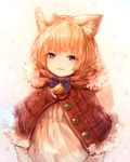 animal_ears bangs bell blonde_hair blue_bow blue_neckwear blush bow bowtie buttons capelet cat_ears child dress eyebrows_visible_through_hair fur_trim highres jingle_bell looking_at_viewer original parted_lips purple_eyes sad short_hair solo sukemyon tearing_up upper_body white_dress 