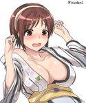  absurdres bangs blush breasts brown_eyes brown_hair cleavage collarbone crying crying_with_eyes_open eyebrows_visible_through_hair floral_print hairband headband highres japanese_clothes kantai_collection kimono kiritto large_breasts looking_down natori_(kantai_collection) obi open_mouth sash simple_background sweat sweatdrop tears twitter_username white_background white_hairband yukata 