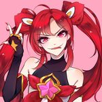  1girl alternate_costume alternate_hair_color alternate_hairstyle bare_shoulders black_gloves elbow_gloves fingerless_gloves gloves hair_ornament jinx_(league_of_legends) league_of_legends long_hair magical_girl red_bow red_bowtie red_eyes red_hair star_guardian_jinx tied_hair twintails very_long_hair 