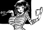  alternate_breast_size book breasts chalk chalkboard greyscale holding holding_book huge_breasts impossible_clothes impossible_shirt invader kawakami_sadayo monochrome persona persona_5 shirt striped striped_shirt translated wavy_hair 